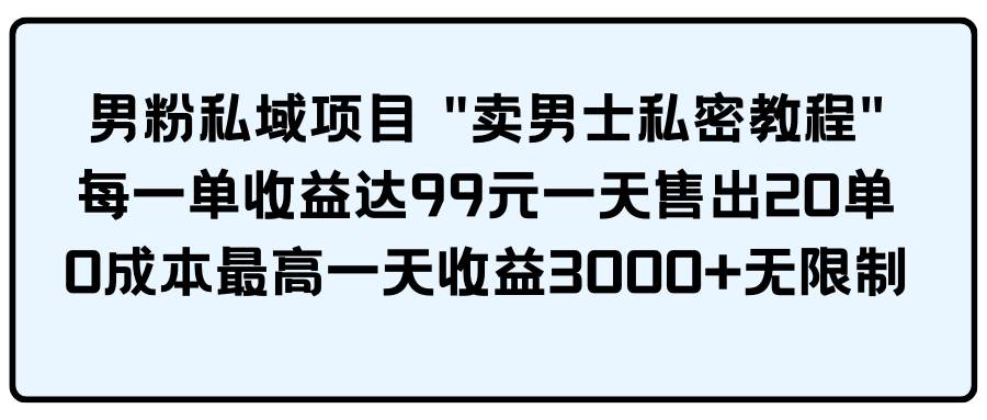 男粉私域项目 卖男士私密教程 每一单收益达99元一天售出20单-巴叔叔资源网