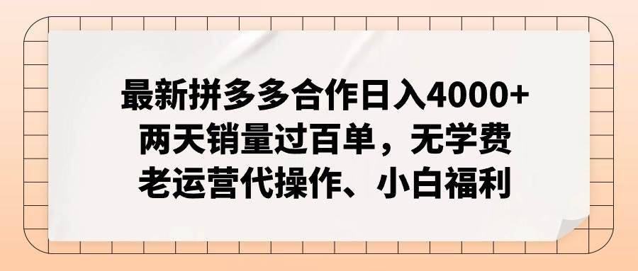 最新拼多多合作日入4000+两天销量过百单，无学费、老运营代操作、小白福利-巴叔叔资源网