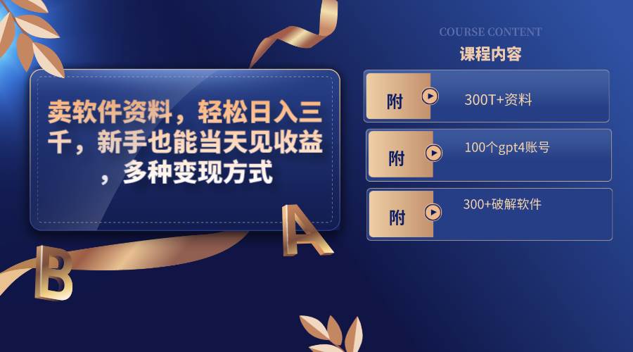 卖软件资料，轻松日入三千，新手也能当天见收益，多种变现方式，（附300T+资料，100个gpt4账号，300+破解软件）-巴叔叔资源网