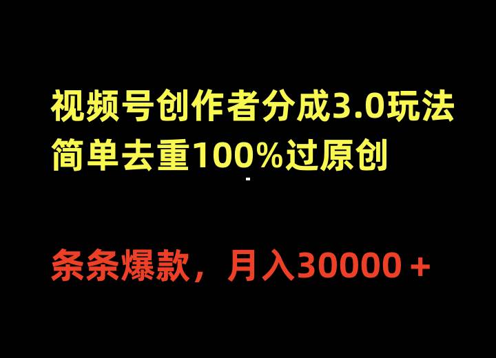 视频号创作者分成3.0玩法，简单去重100%过原创，条条爆款，月入30000＋-巴叔叔资源网