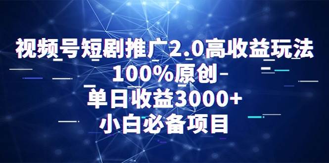 视频号短剧推广2.0高收益玩法，100%原创，单日收益3000+，小白必备项目-巴叔叔资源网