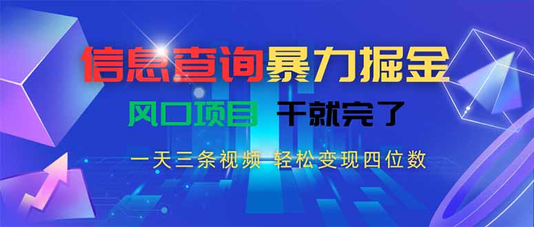 信息查询暴力掘金，一天三条视频 轻松变现四位数，风口项目干就完了-巴叔叔资源网