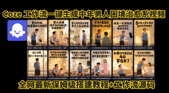 coze工作流一键生成”中年男人困境扎心高涨粉高播放量图文视频”保姆级拆解教程，无需剪辑，无需拍摄写文案-巴叔叔资源网