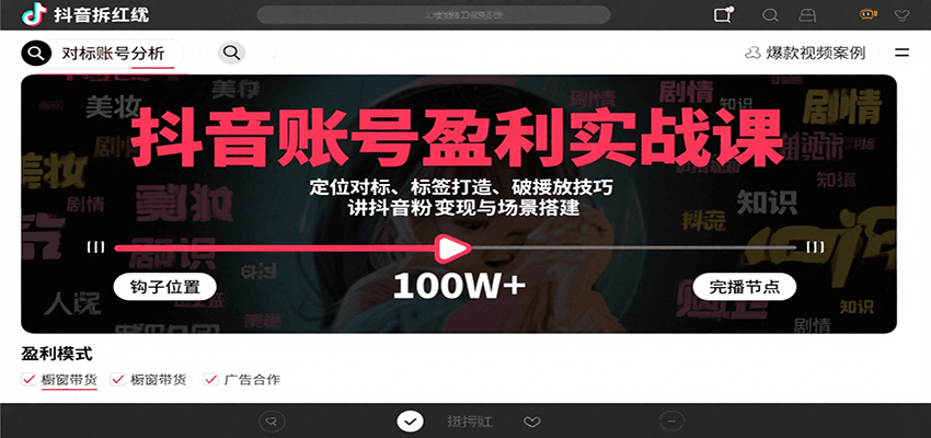 抖音账号盈利实战课，定位对标、标签打造、破播放技巧，讲涨粉变现与场景搭建-巴叔叔资源网