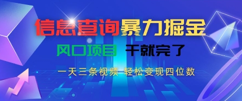 信息查询暴力掘金，一天三条视频，轻松变现四位数，风口项目干就完了【揭秘】-巴叔叔资源网