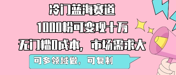冷门蓝海赛道，1000粉可变现十W，无门槛0成本，市场需求大，可多领域做，可复制性强-巴叔叔资源网