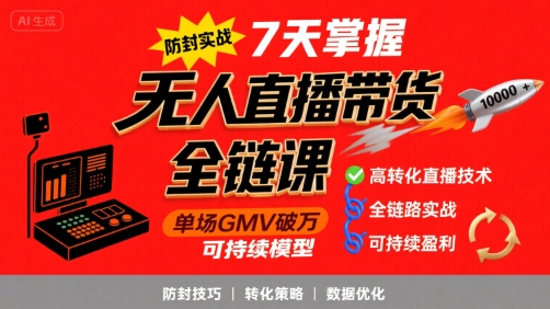 无人直播带货全链防封实战课，7天掌握高转化直播技术，实现单场GMV破万可持续模型-巴叔叔资源网