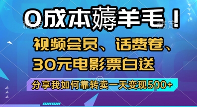 0成本薅羊毛!视频会员、话费卷、30元电影票白送，分享我如何靠转卖一天变现5张+【揭秘】-巴叔叔资源网