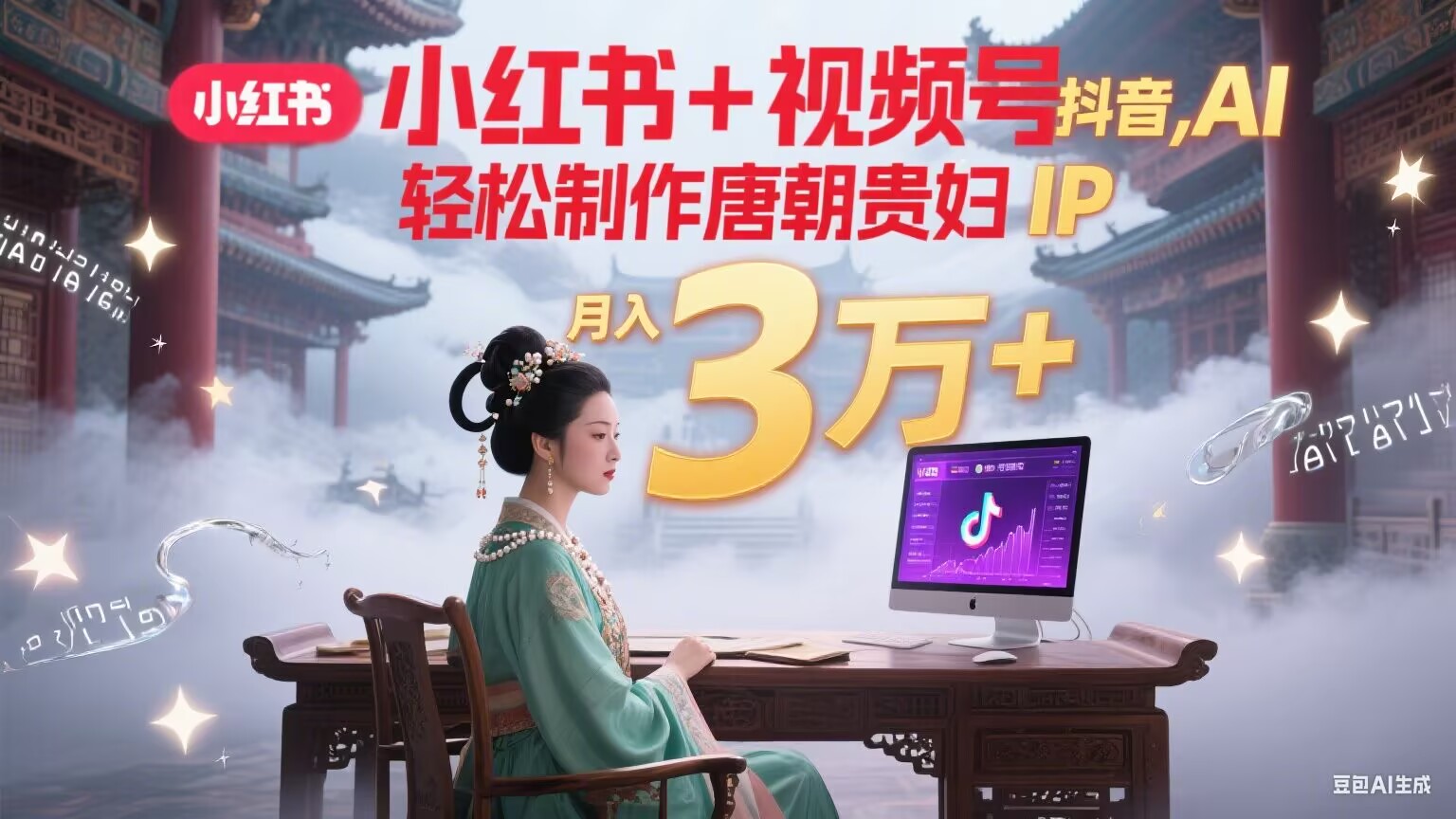小红书+视频号+抖音，AI轻松制作唐朝贵妇IP，毒鸡汤、励志、减肥瘦身、养生赛道轻松切入，每天30分钟，轻松产出N条，月入3万+-巴叔叔资源网