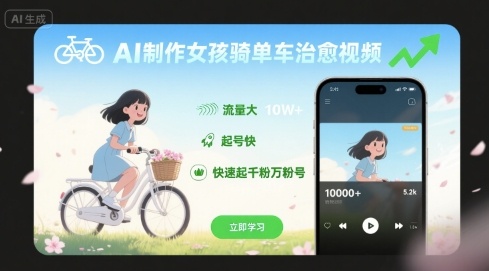 AI制作女孩骑单车治愈视频，流量大，起号快，快速起千粉万粉号-巴叔叔资源网