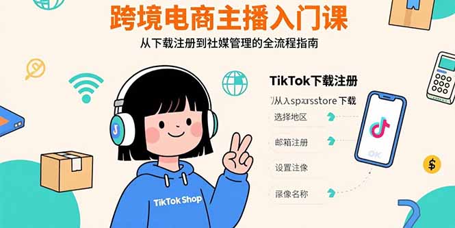 跨境电商主播入门课，TikTok下载注册，支付工具配置，社媒账号管理全流程-巴叔叔资源网